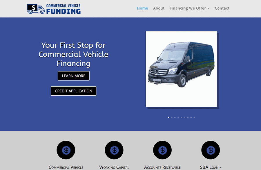 WordPress website home page for Commercial Vehicle Finding website